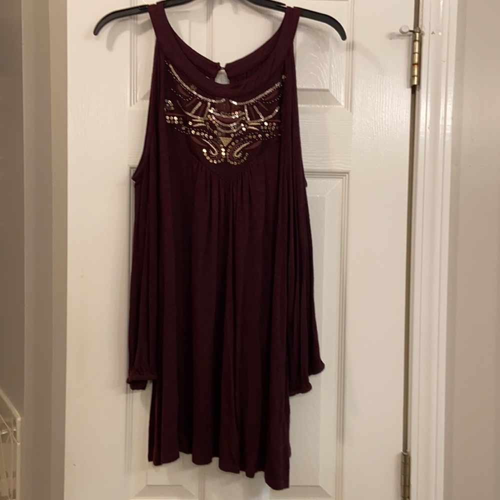 Sequined neckline cold shoulder top